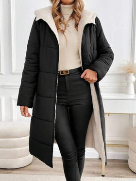 SHEIN Clasi معطف شتوي طويل بسحاب أمامي وقلنسوة للنساء ذوات الأحجام الكبيرة، لون سادة