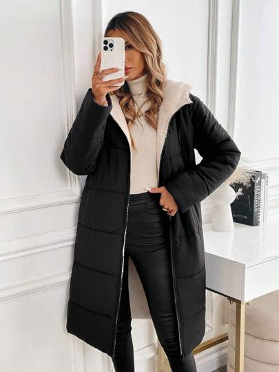 SHEIN Clasi معطف شتوي طويل بسحاب أمامي وقلنسوة للنساء ذوات الأحجام الكبيرة، لون سادة