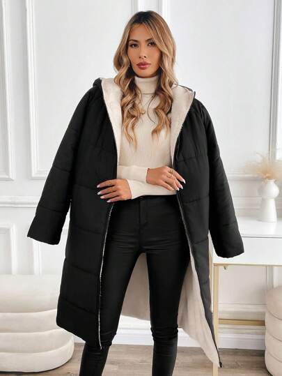 SHEIN Clasi معطف شتوي طويل بسحاب أمامي وقلنسوة للنساء ذوات الأحجام الكبيرة، لون سادة