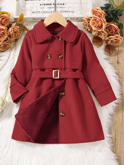 Elladie kids معطف رياح أنيق متوسط الطول مزدوج الصدر للفتيات، جاكيت بأحزمة للأطفال، للربيع والخريف