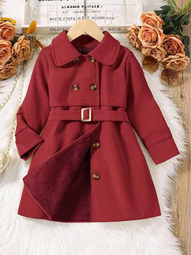 Elladie kids معطف رياح أنيق متوسط الطول مزدوج الصدر للفتيات، جاكيت بأحزمة للأطفال، للربيع والخريف