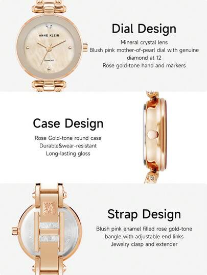 Anne Klein ساعة معصم أنثوية مزدانة بالألماس، قرص أم اللؤلؤ بلون وردي باهت، ساعة فاخرة هدية للسيدات، سوار ساعة بطبقة من المينا باللون الذهبي الوردي، AK/1980BMRG
