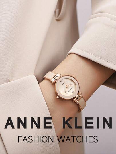 Anne Klein ساعة معصم أنثوية مزدانة بالألماس، قرص أم اللؤلؤ بلون وردي باهت، ساعة فاخرة هدية للسيدات، سوار ساعة بطبقة من المينا باللون الذهبي الوردي، AK/1980BMRG