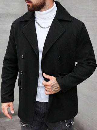 Manfinity Homme سترة رجالية كاردجان بياقة صدر مزدوجة, لحمة صوفية لون سادة بسيطة, للخريف/الشتاء