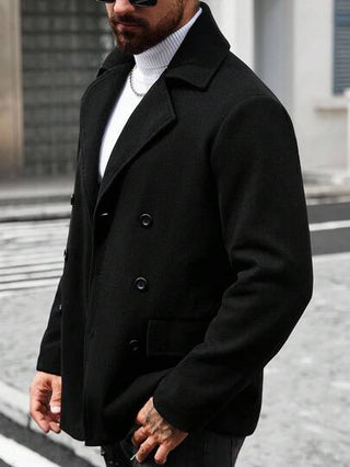 Manfinity Homme سترة رجالية كاردجان بياقة صدر مزدوجة, لحمة صوفية لون سادة بسيطة, للخريف/الشتاء