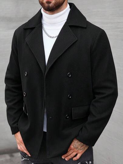 Manfinity Homme سترة رجالية كاردجان بياقة صدر مزدوجة, لحمة صوفية لون سادة بسيطة, للخريف/الشتاء