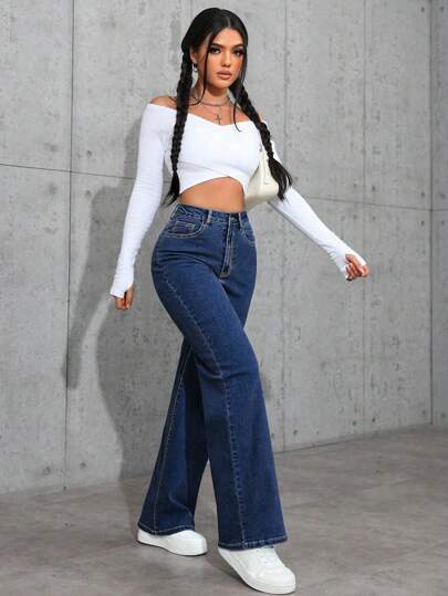 SHEIN ICON بنطلون جينز قصير عادي الخصر مستقيم الساق مغسول