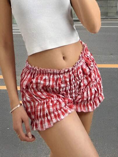 SHEIN EZwear شورت كاجوال للنساء بتصميم شبكي فقاعي للربيع والصيف، شورت قصير مكشكش، شورت قصير أحمر، شورت قصير مجعد، شورت قصير