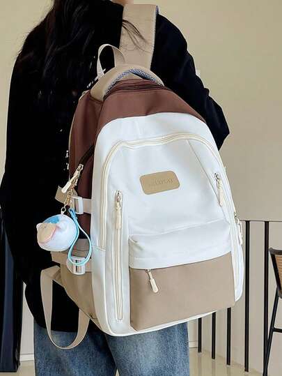 حقيبة ظهر سعة كبيرة متعددة الجيوب مع سحاب، ذات ألوان متباينة عصرية، مناسبة للتنقل اليومي، تتسع لحمل الكمبيوتر المحمول والكتب، عملية للنساء (الإكسسوارات لأغراض العرض فقط، غير مشمولة)، حقيبة مدرسية، لوازم مدرسية، حقيبة ظهر مدرسية، حقيبة ظهر للمدرسة، حقيب...