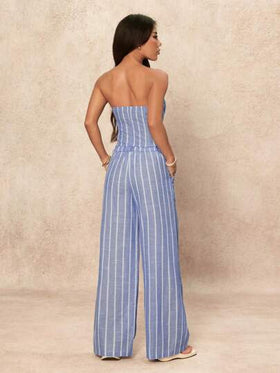 SHEIN PETITE طقم ملابس علوية كاجوال مخططة أحادية الصدر وبنطال واسع الساق موضة قطعتين للنساء، للارتداء اليومي