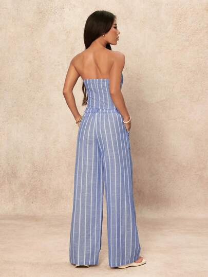 SHEIN PETITE طقم ملابس علوية كاجوال مخططة أحادية الصدر وبنطال واسع الساق موضة قطعتين للنساء، للارتداء اليومي