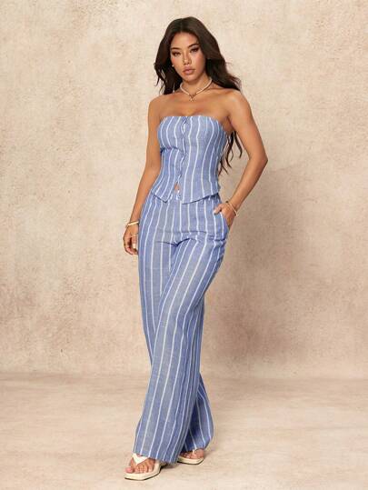 SHEIN PETITE طقم ملابس علوية كاجوال مخططة أحادية الصدر وبنطال واسع الساق موضة قطعتين للنساء، للارتداء اليومي