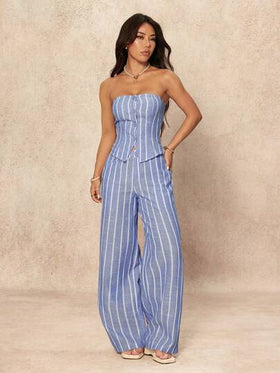 SHEIN PETITE طقم ملابس علوية كاجوال مخططة أحادية الصدر وبنطال واسع الساق موضة قطعتين للنساء، للارتداء اليومي
