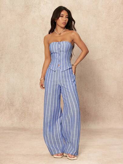 SHEIN PETITE طقم ملابس علوية كاجوال مخططة أحادية الصدر وبنطال واسع الساق موضة قطعتين للنساء، للارتداء اليومي