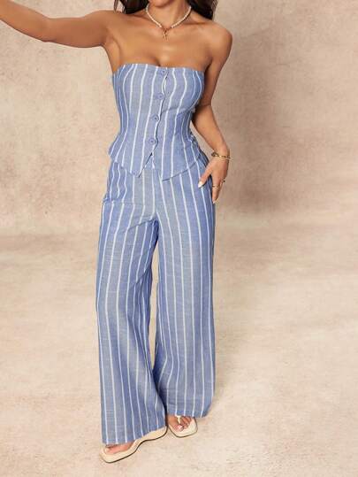 SHEIN PETITE طقم ملابس علوية كاجوال مخططة أحادية الصدر وبنطال واسع الساق موضة قطعتين للنساء، للارتداء اليومي