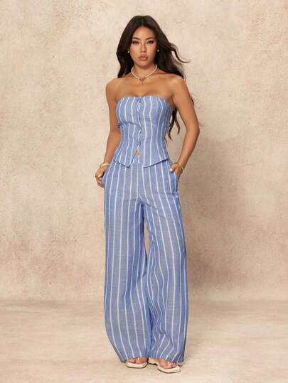 SHEIN PETITE طقم ملابس علوية كاجوال مخططة أحادية الصدر وبنطال واسع الساق موضة قطعتين للنساء، للارتداء اليومي