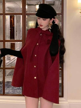 DAZY معطف قصير من الصوف الأحمر، أنيق لارتداء في الحفلات الراقية، معاطف نسائية جديدة لرأس السنة