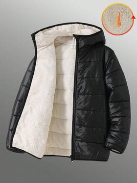 SHEIN معطف ذو رداء أسود فليس بغطاء للأولاد، مبطن ومبزر بسحاب، كاجوال وعصري يناسب المناسبات المختلفة، ناعم ودافيء، مناسب للعب في الثلج والخروج في الشتاء