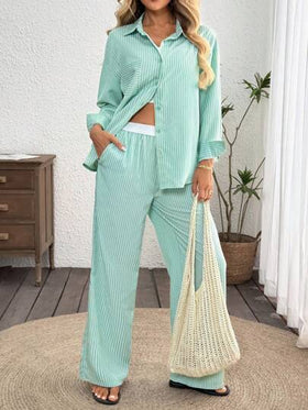 SHEIN LUNE مجموعة ملابس كاجوال بسيطة للنساء، ملابس علوية كم طويل وبنطلون مخطط، مجموعات ملابس منزلية يومية للنساء، مجموعتان قطعتان، مجموعات متطابقة للنساء، مجموعات خروج للنساء، ملابس مطار للنساء، ملابس عودة للمدرسة، ملابس شارع للنساء، ملابس عطلة، مجموعتان