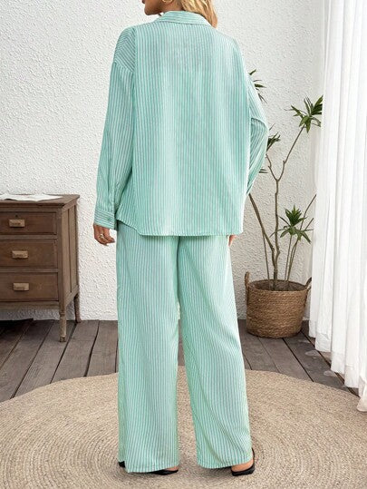 SHEIN LUNE مجموعة ملابس كاجوال بسيطة للنساء، ملابس علوية كم طويل وبنطلون مخطط، مجموعات ملابس منزلية يومية للنساء، مجموعتان قطعتان، مجموعات متطابقة للنساء، مجموعات خروج للنساء، ملابس مطار للنساء، ملابس عودة للمدرسة، ملابس شارع للنساء، ملابس عطلة، مجموعتان