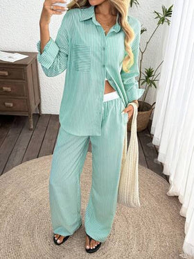 SHEIN LUNE مجموعة ملابس كاجوال بسيطة للنساء، ملابس علوية كم طويل وبنطلون مخطط، مجموعات ملابس منزلية يومية للنساء، مجموعتان قطعتان، مجموعات متطابقة للنساء، مجموعات خروج للنساء، ملابس مطار للنساء، ملابس عودة للمدرسة، ملابس شارع للنساء، ملابس عطلة، مجموعتان