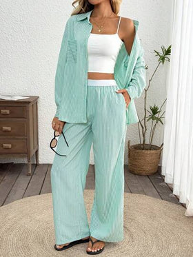 SHEIN LUNE مجموعة ملابس كاجوال بسيطة للنساء، ملابس علوية كم طويل وبنطلون مخطط، مجموعات ملابس منزلية يومية للنساء، مجموعتان قطعتان، مجموعات متطابقة للنساء، مجموعات خروج للنساء، ملابس مطار للنساء، ملابس عودة للمدرسة، ملابس شارع للنساء، ملابس عطلة، مجموعتان