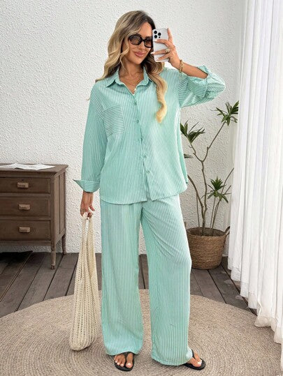 SHEIN LUNE مجموعة ملابس كاجوال بسيطة للنساء، ملابس علوية كم طويل وبنطلون مخطط، مجموعات ملابس منزلية يومية للنساء، مجموعتان قطعتان، مجموعات متطابقة للنساء، مجموعات خروج للنساء، ملابس مطار للنساء، ملابس عودة للمدرسة، ملابس شارع للنساء، ملابس عطلة، مجموعتان