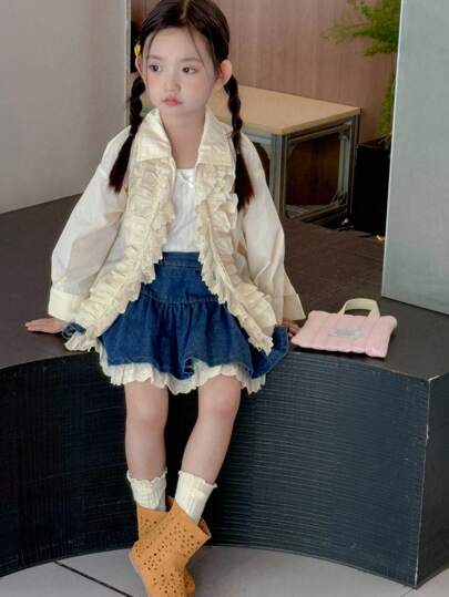 Dazy Kids معطف كاجوال فضفاض بأكمام طويلة وتريم كشكش للفتيات الصغيرات
