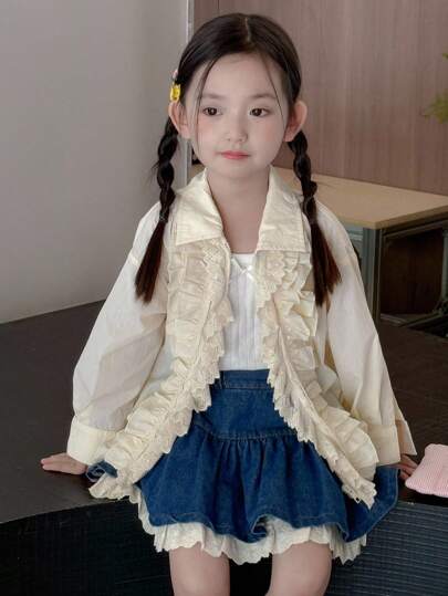 Dazy Kids معطف كاجوال فضفاض بأكمام طويلة وتريم كشكش للفتيات الصغيرات