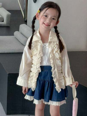Dazy Kids معطف كاجوال فضفاض بأكمام طويلة وتريم كشكش للفتيات الصغيرات