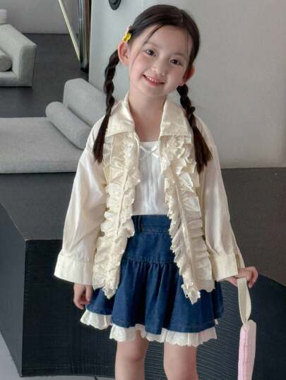 Dazy Kids معطف كاجوال فضفاض بأكمام طويلة وتريم كشكش للفتيات الصغيرات