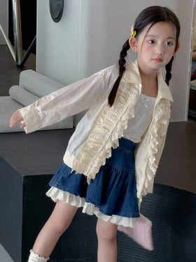 Dazy Kids معطف كاجوال فضفاض بأكمام طويلة وتريم كشكش للفتيات الصغيرات