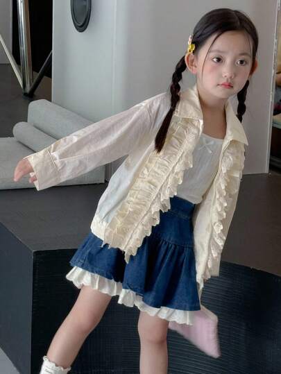 Dazy Kids معطف كاجوال فضفاض بأكمام طويلة وتريم كشكش للفتيات الصغيرات