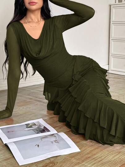Modelyn اليوم الوطني السعودي فستان ماكسي أنيق مبطن مرن بياقة منتفخة من الشبكة ، للنساء ، للربيع/الصيف