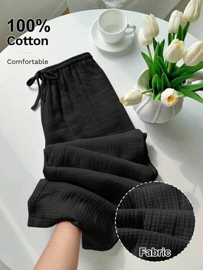 Comfortcana بنطلون قطني فضفاض بخصر مربوط للنساء، بنطلون قطني ذو ساق واسعة، بنطلون قطني 100% للنساء