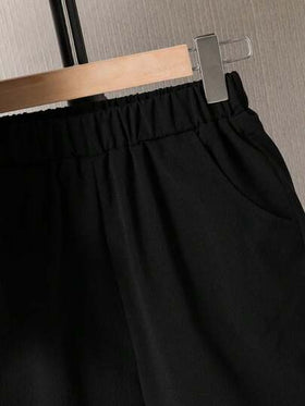 SHEIN طقم قميص وشورت أحادي اللون بأكمام قصيرة للأولاد المراهقين، طقم كاجوال 2 قطعة