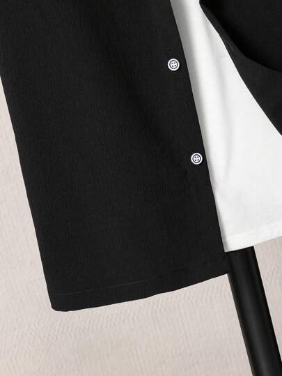 SHEIN طقم قميص وشورت أحادي اللون بأكمام قصيرة للأولاد المراهقين، طقم كاجوال 2 قطعة