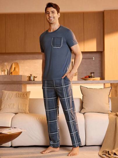Manfinity Underwear&Sleepwear Basics طقم بيجامة / طقم بيجامة بطباعة المربعات للرجال