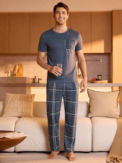 Manfinity Underwear&Sleepwear Basics طقم بيجامة / طقم بيجامة بطباعة المربعات للرجال