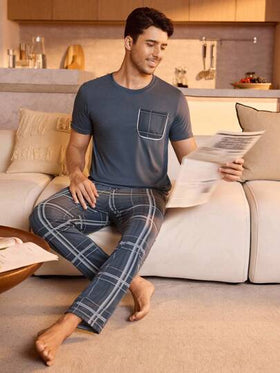 Manfinity Underwear&Sleepwear Basics طقم بيجامة / طقم بيجامة بطباعة المربعات للرجال
