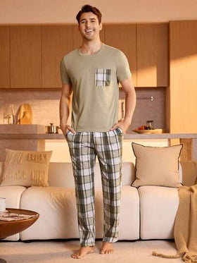 Manfinity Underwear&Sleepwear Basics بدلة منزلية للرجال بأزرار مربعة وطبعة مطبوعة مع جيوب