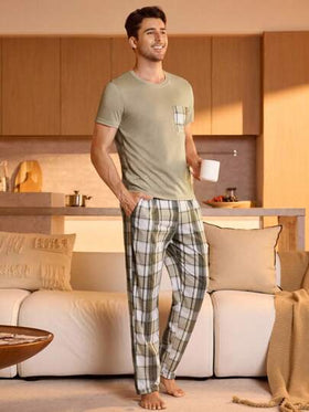 Manfinity Underwear&Sleepwear Basics بدلة منزلية للرجال بأزرار مربعة وطبعة مطبوعة مع جيوب