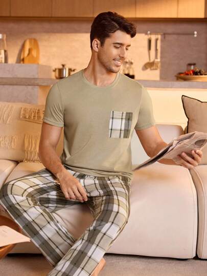 Manfinity Underwear&Sleepwear Basics بدلة منزلية للرجال بأزرار مربعة وطبعة مطبوعة مع جيوب