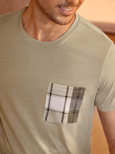Manfinity Underwear&Sleepwear Basics بدلة منزلية للرجال بأزرار مربعة وطبعة مطبوعة مع جيوب
