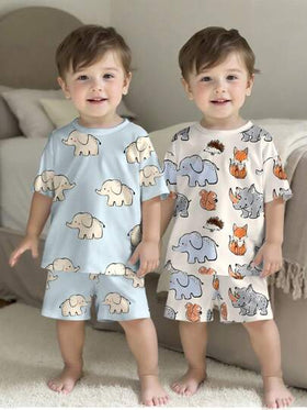 SHEIN 2 قطعة / مجموعة طباعة رسم إلكترون، فضفاض غير رسمي لارتداء المنزل للأطفال الرضع الاولاد، سهل التنفس ناعم دافئ، مناسب للصيف