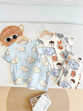 SHEIN 2 قطعة / مجموعة طباعة رسم إلكترون، فضفاض غير رسمي لارتداء المنزل للأطفال الرضع الاولاد، سهل التنفس ناعم دافئ، مناسب للصيف