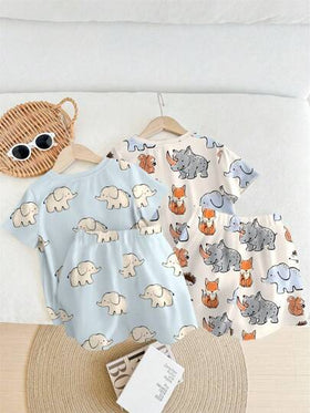 SHEIN 2 قطعة / مجموعة طباعة رسم إلكترون، فضفاض غير رسمي لارتداء المنزل للأطفال الرضع الاولاد، سهل التنفس ناعم دافئ، مناسب للصيف