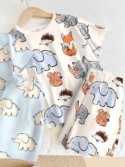SHEIN 2 قطعة / مجموعة طباعة رسم إلكترون، فضفاض غير رسمي لارتداء المنزل للأطفال الرضع الاولاد، سهل التنفس ناعم دافئ، مناسب للصيف