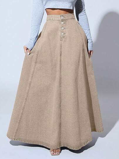 SHEIN SXY تنورة طويلة من قماش الدنيم بتصميم حرف A أنيقة للعمل مع أزرار أمامية بلون سادة