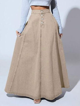 SHEIN SXY تنورة طويلة من قماش الدنيم بتصميم حرف A أنيقة للعمل مع أزرار أمامية بلون سادة